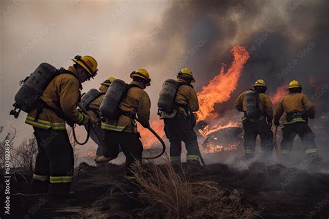 Firefighters putting out a wildfire fire. Group of firefighters ...