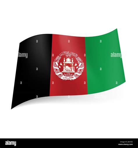 National flag of Afghanistan: black, red and green vertical stripes with coat-of-arms on central ...