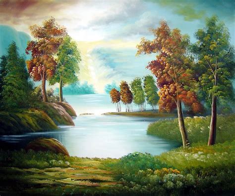 Peaceful Lake View in Spring Oil Painting Landscape River Naturalism 20 x 24 Inches