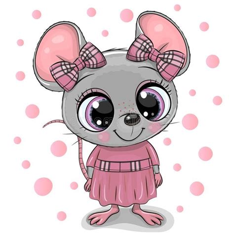 Cute Cartoon Mouse girl in a pink dress. Cute Cartoon Mouse with big eyes in a pink dress vector ...