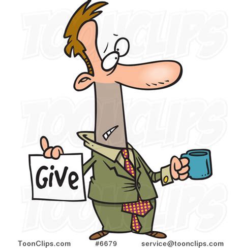 Cartoon Broke Business Man Holding a Cup and Give Sign #6679 by Ron Leishman