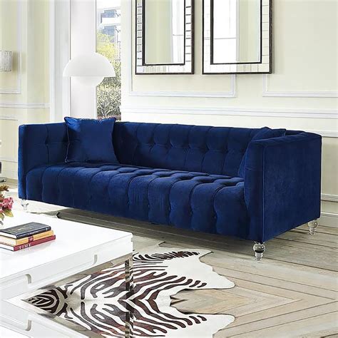 2180mm Modern Blue Velvet Upholstered Sofa 3-Seater Tufted Sofa Luxury Sofa