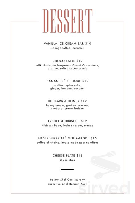 Lavelle menu in Toronto, Ontario, Canada