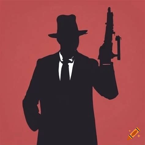 1920s vintage poster of a silhouetted mafia man with gun on red background on Craiyon