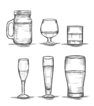 A Collection Of Six Glasses Featuring Mason Jars Wine Whisky Champagne And Bees Vector, Whisky ...