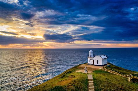 Drone sunrise Taking Point Lighthouse Port Macquarie NSW, Australia