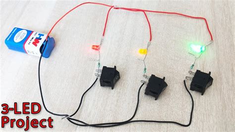 How to connect 3 LED with 3 Switch and 9v Battery - Traffic light ...