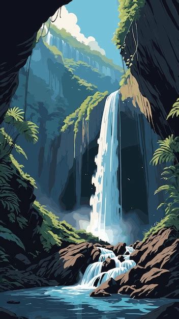 Premium Vector | Waterfall landscape drawing cartoon artwork vector