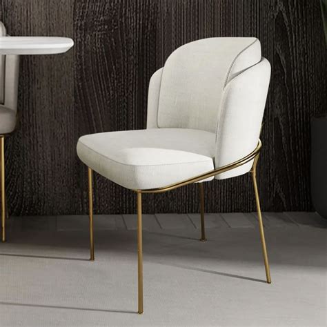 White Dining Chair Modern Cotton & Linen Upholstered Dining Chair in Gold Finish