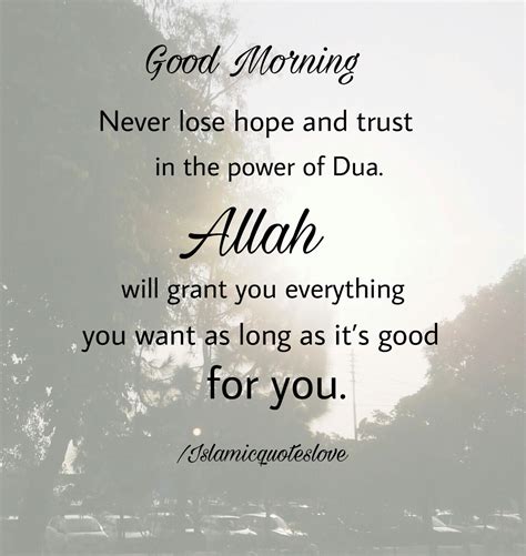 Islamic Quote: (Good Morning) Never lose hope and trust in the power of Dua. Allah will grant ...