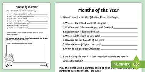 Months of the Year Worksheet - Primary Resources - Twinkl