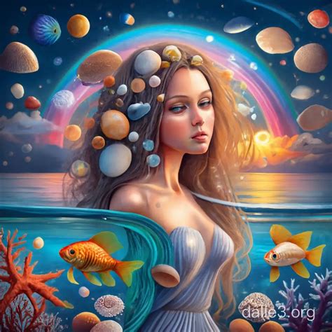 Enchanting Sunrise Portrait Beautiful Girl Amidst Planets Seashells and Opulent Goldfish ...
