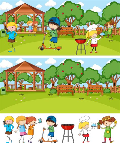 Set of different horizontal scenes background with doodle kids cartoon character 2852823 Vector ...