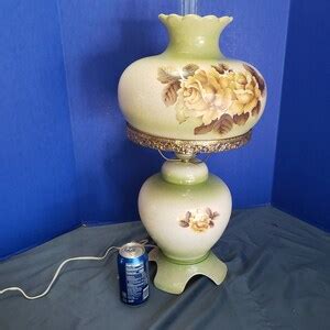 Vintage Hurricane Table Lamp Green Hand Painted Roses Large - Etsy