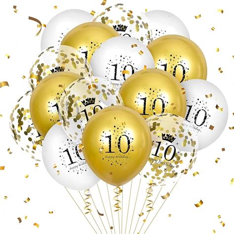 Amazon.com: 10th Birthday Balloons 15Pcs White Gold Happy 10th Birthday Latex Balloons Confetti ...