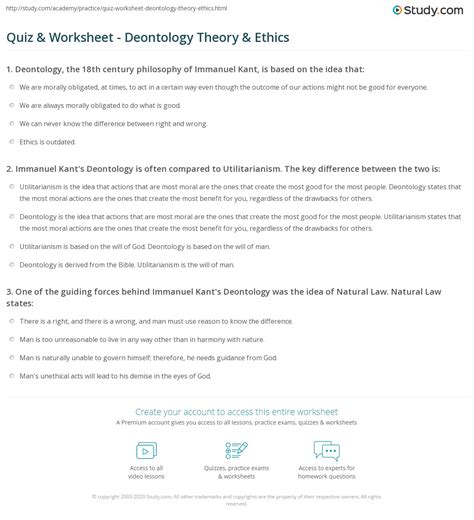 Quiz & Worksheet - Deontology Theory & Ethics | Study.com