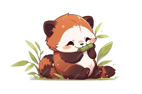 Premium AI Image | Baby Red Panda Eating Bamboo on White Background Generative AI