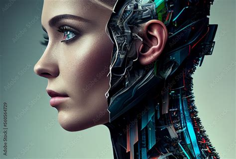 a woman half-robot or a humanoid android with artificial intelligence ...