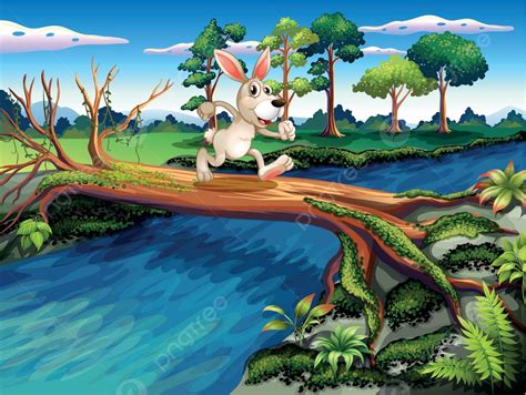 A Rabbit Crossing The River Wild Jungle Trees Vector, Wild, Jungle, Trees PNG and Vector with ...