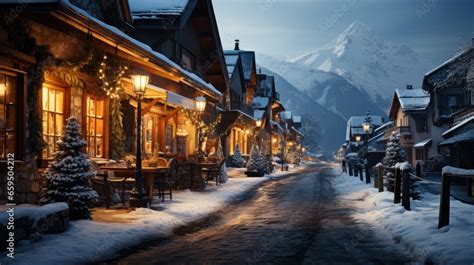 Snowy mountain village with Christmas lights , Background Image,Desktop Wallpaper Backgrounds ...