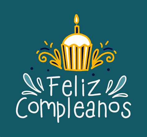 Happy birthday in Spain. Lettering in Spanish with cake and curlicues. Vector illustration ...