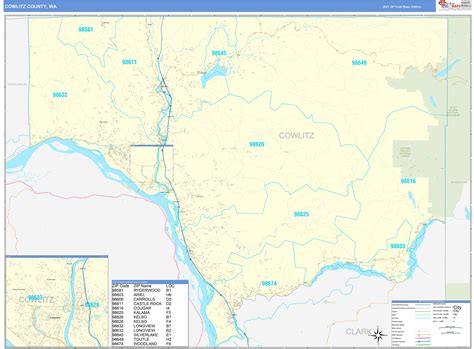 Cowlitz County, WA Zip Code Wall Map Basic Style by MarketMAPS - MapSales