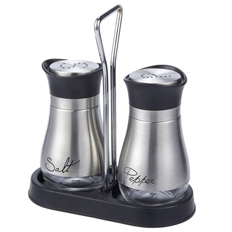 Salt and Pepper Shakers Set - High Grade Stainless Steel with Glass Bottom and 4' Stand - 4" x 6 ...