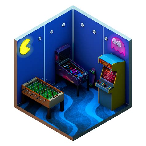 an arcade machine in the corner of a room with blue walls and carpeted floor