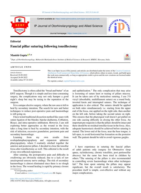 (PDF) Faucial pillar suturing following tonsillectomy