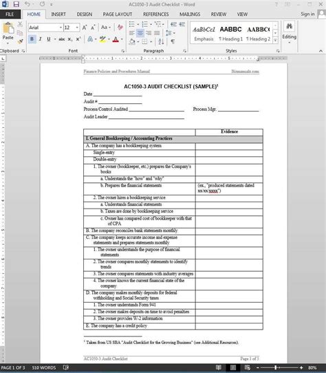 Financial Audit Checklist Template | AC1050-3