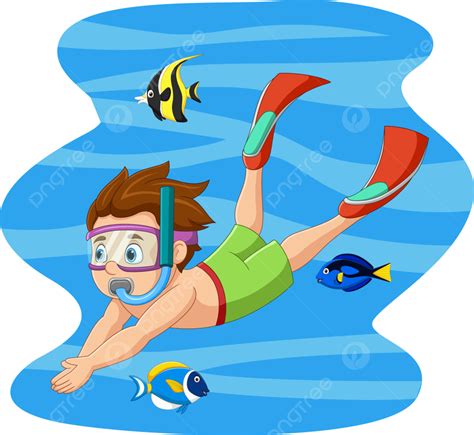 Cartoon Little Boy Swimming And Diving In Underwater With Tropical Fish ...