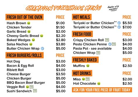 Tuck Shop Menu - Mount Albert Grammar School