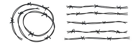 Barbed wire circle and line view set. Fence barbwire, border chain silhouette. War barb. Vector ...