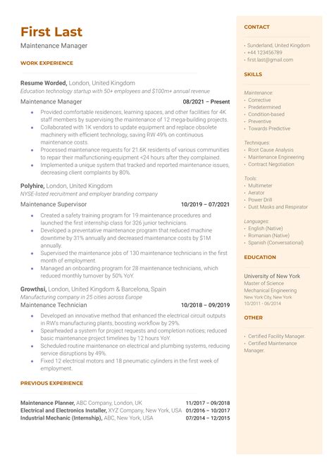 Maintenance Manager Resume Example for 2023 | Resume Worded