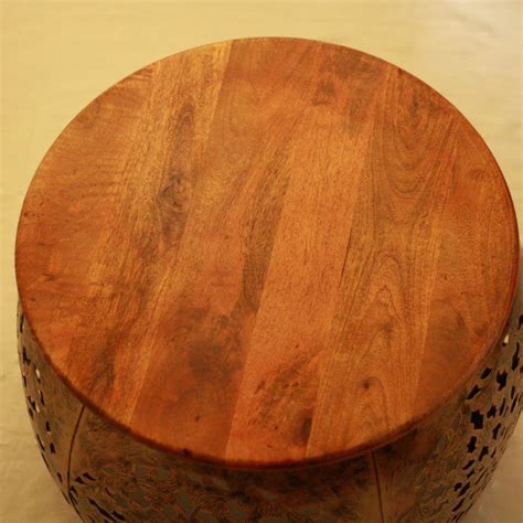 Carved metal & Wood Barrel coffee table - Daffodil Exotica