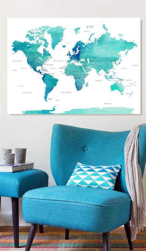 Push Pin World Map CANVAS World Map Watercolor Blue Countries | Etsy ...