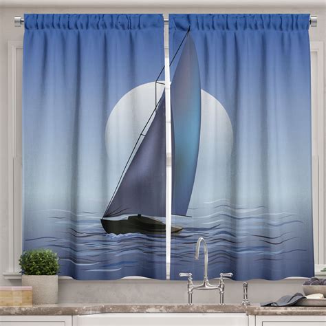 Nautical Curtains 2 Panels Set, Sailing Boat in Moonrise Dramatic Sky ...