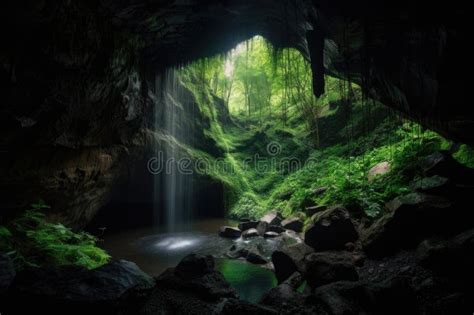 Mountain Cave with Waterfall, Surrounded by Lush Greenery Stock Illustration - Illustration of ...