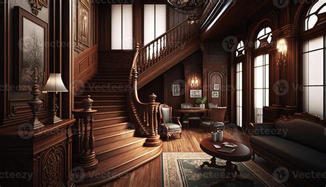 Dark gothic mansion hall in victorian style interior with staircase and lamp holders. 22060022 ...