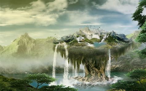 Creative design, float island, waterfalls, birds, clouds, mountains wallpaper | creative and ...