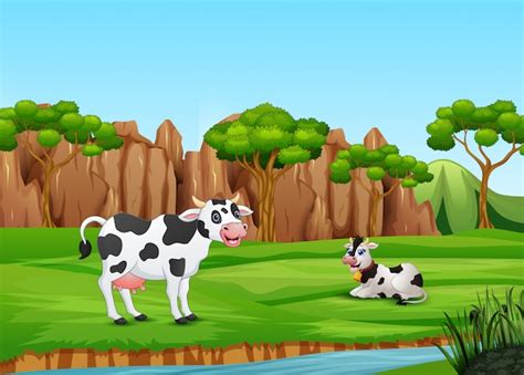 Dibujos animados dos vacas disfrutando en el campo | Vector Premium