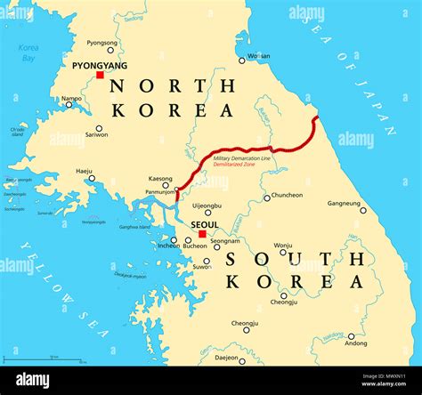 Penisola coreana, Demilitarized Zone, mappa politico. Corea del Nord e la Corea del Sud con la ...