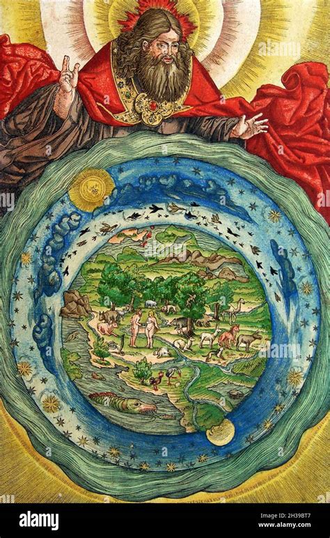 An illustration of god creating the Earth, from a 1534 Lutheran bible Stock Photo - Alamy