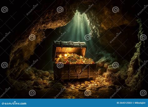 Generative AI Illustration of Pirates Treasure Chest in Cave Stock Image - Image of wooden ...