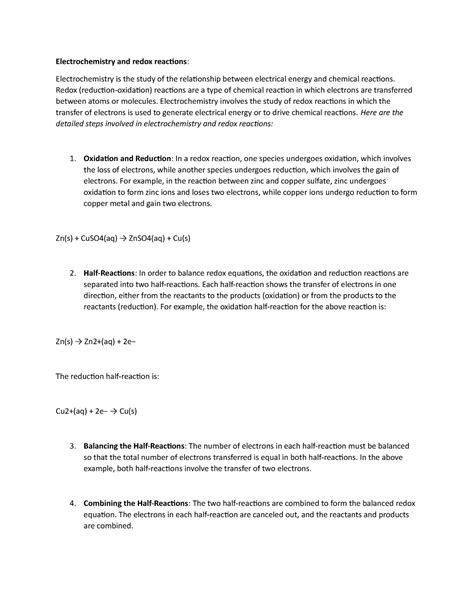 Electrochemistry and redox reactions - Electrochemistry and redox reactions: Electrochemistry is ...