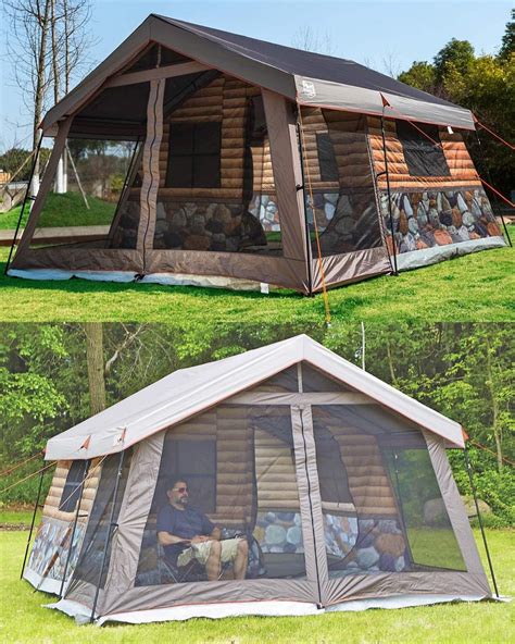This log cabin tent is large enough for 8 people and features a screen porch with 4 windows ...