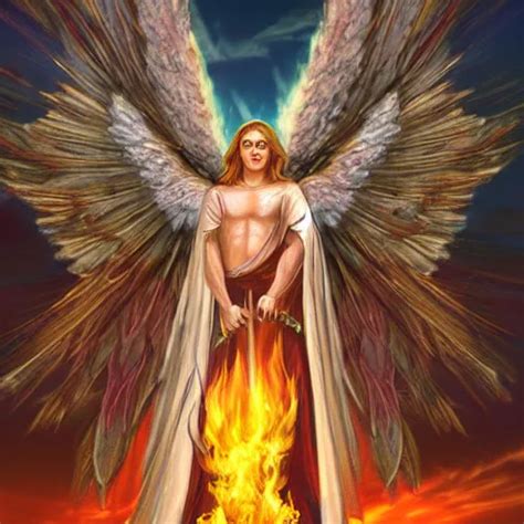 strong angel holding flaming sword in the sky | Stable Diffusion