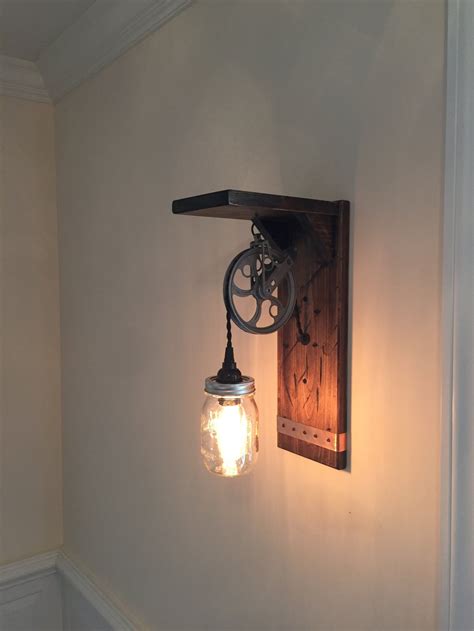 Rustic Steampunk Wall Light, Mason Jar, Pulley, and Edison Bulb With a Shelf. Farmhouse or ...