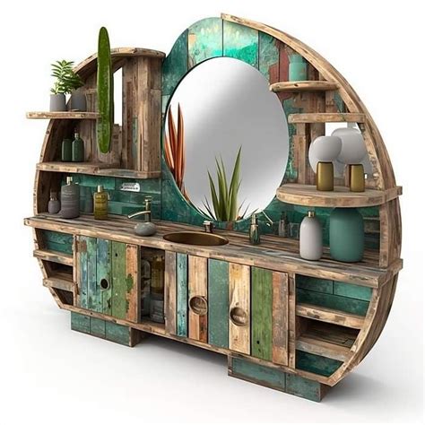 a bathroom vanity with an oval mirror and wooden shelves on the wall ...