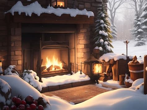 Premium AI Image | a cozy winter scene with a roaring fireplace and a ...